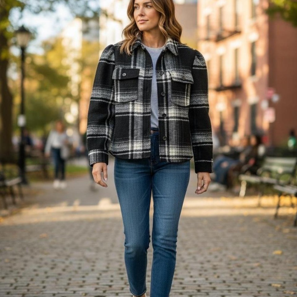 GAP Puff Sleeve Cropped Wool Shirt Jacket Plaid‎ Black White L